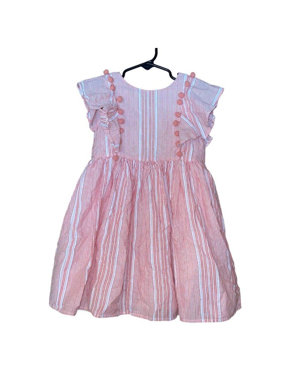 Laura Ashley Girls Striped Pink & White Ruffle Dress With Pom Pom Accents